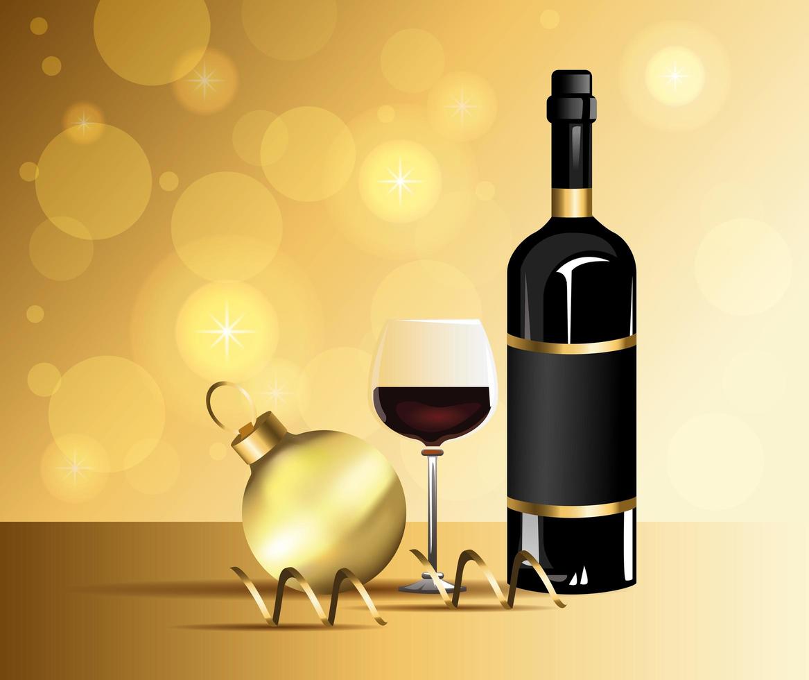 happy new year card with wine bottle and ball vector