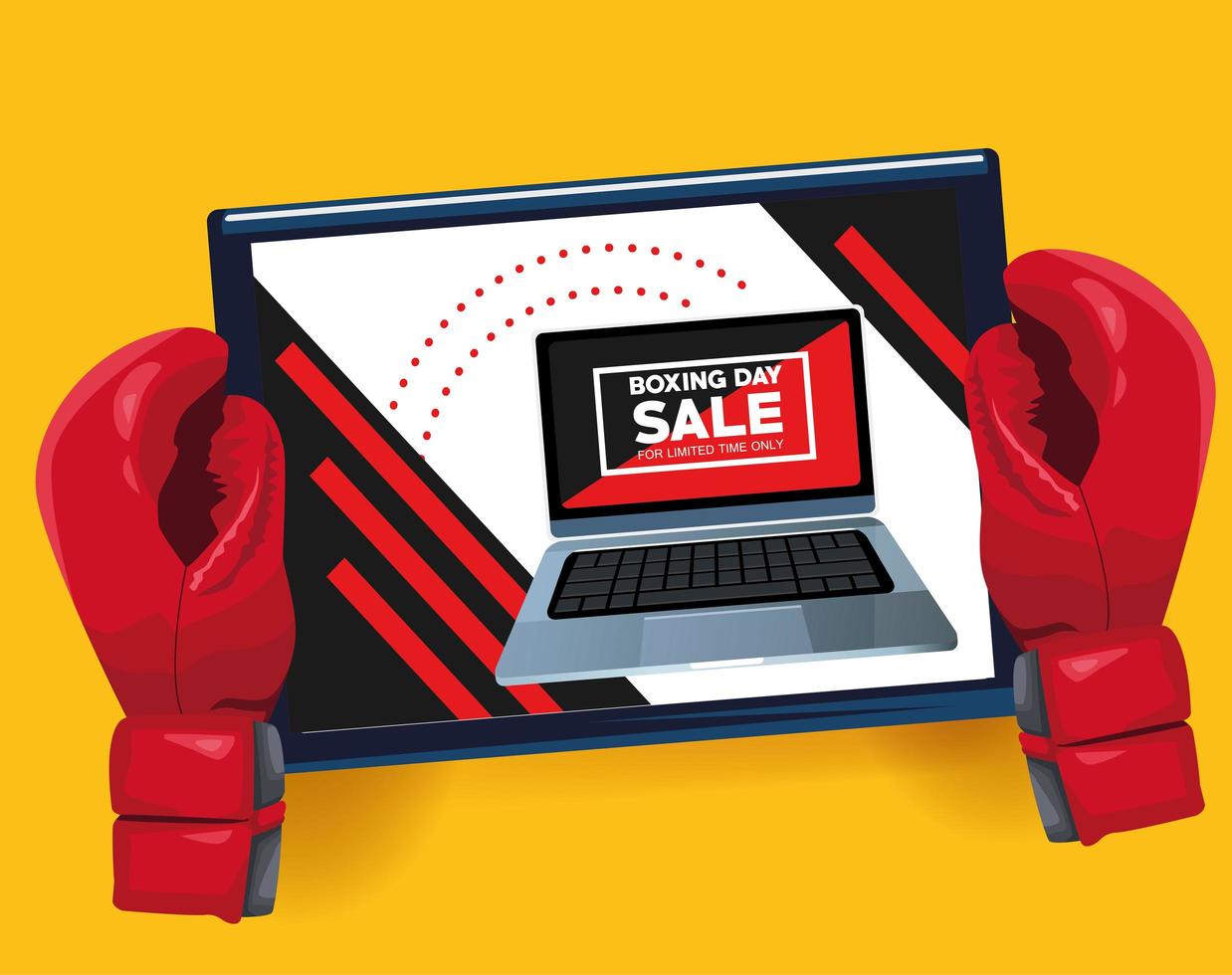 boxing day sale poster with laptop and gloves vector