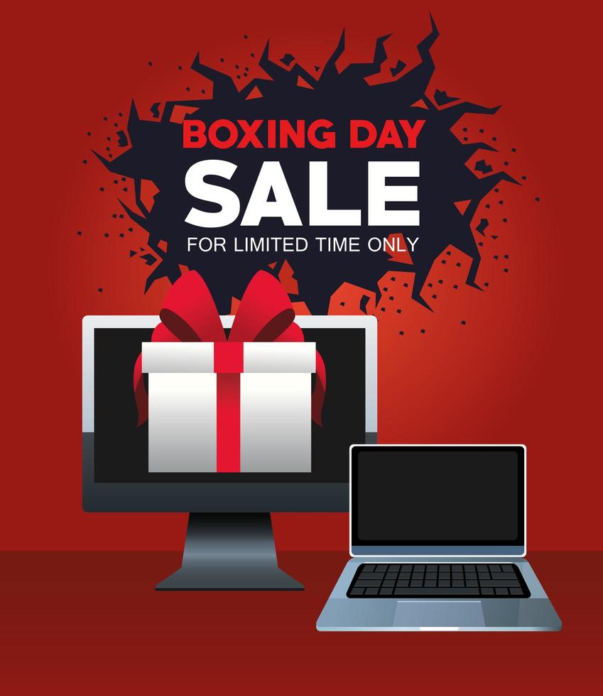 boxing day sale poster with desktop and laptop vector