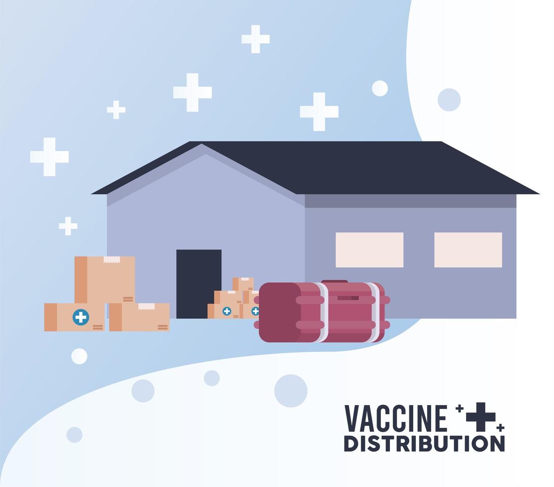 vaccine distribution logistics theme with warehouse deep freezer and boxes vector