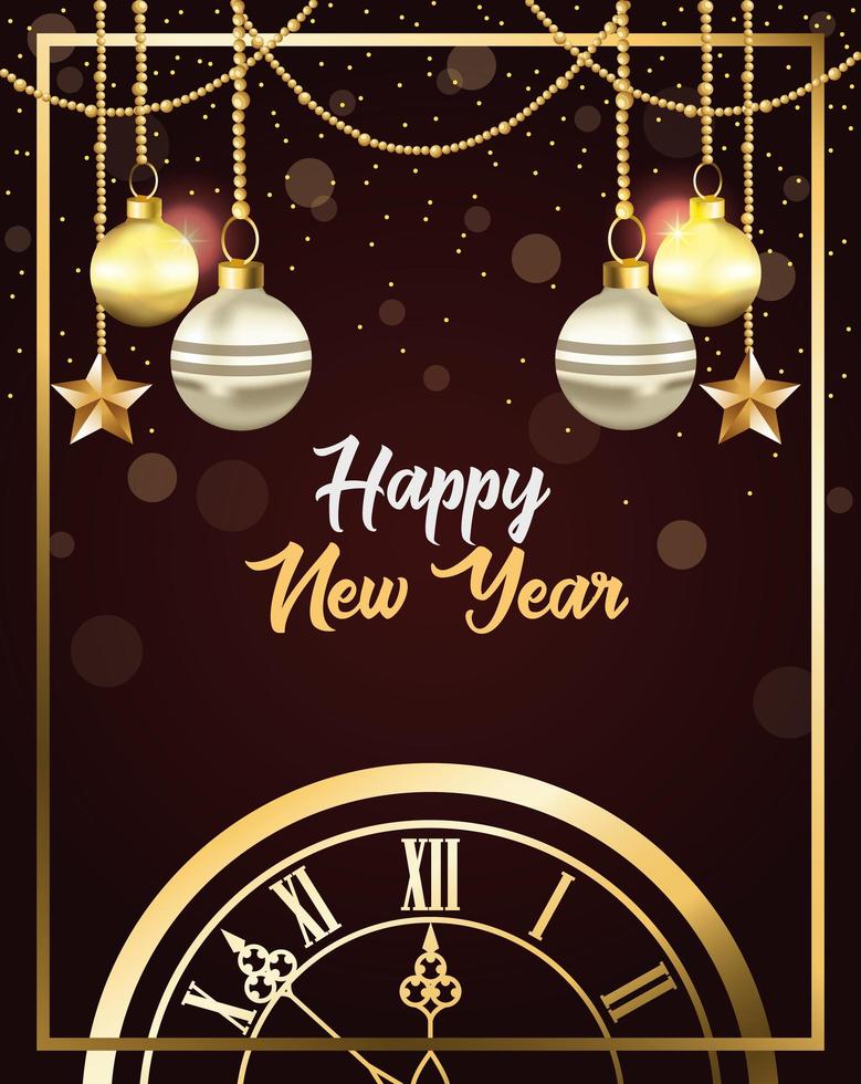 happy new year card with watch and balls hanging vector