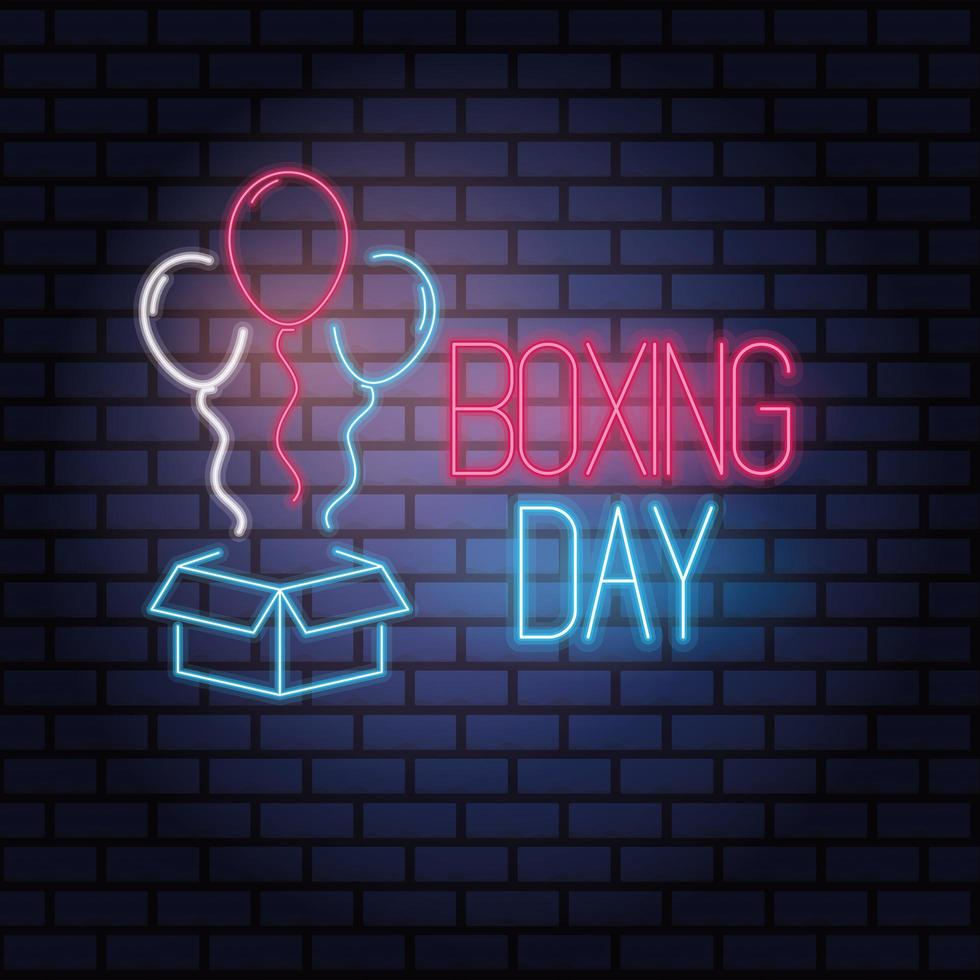 Venta de boxing day luces de neón con caja y globos helio. vector