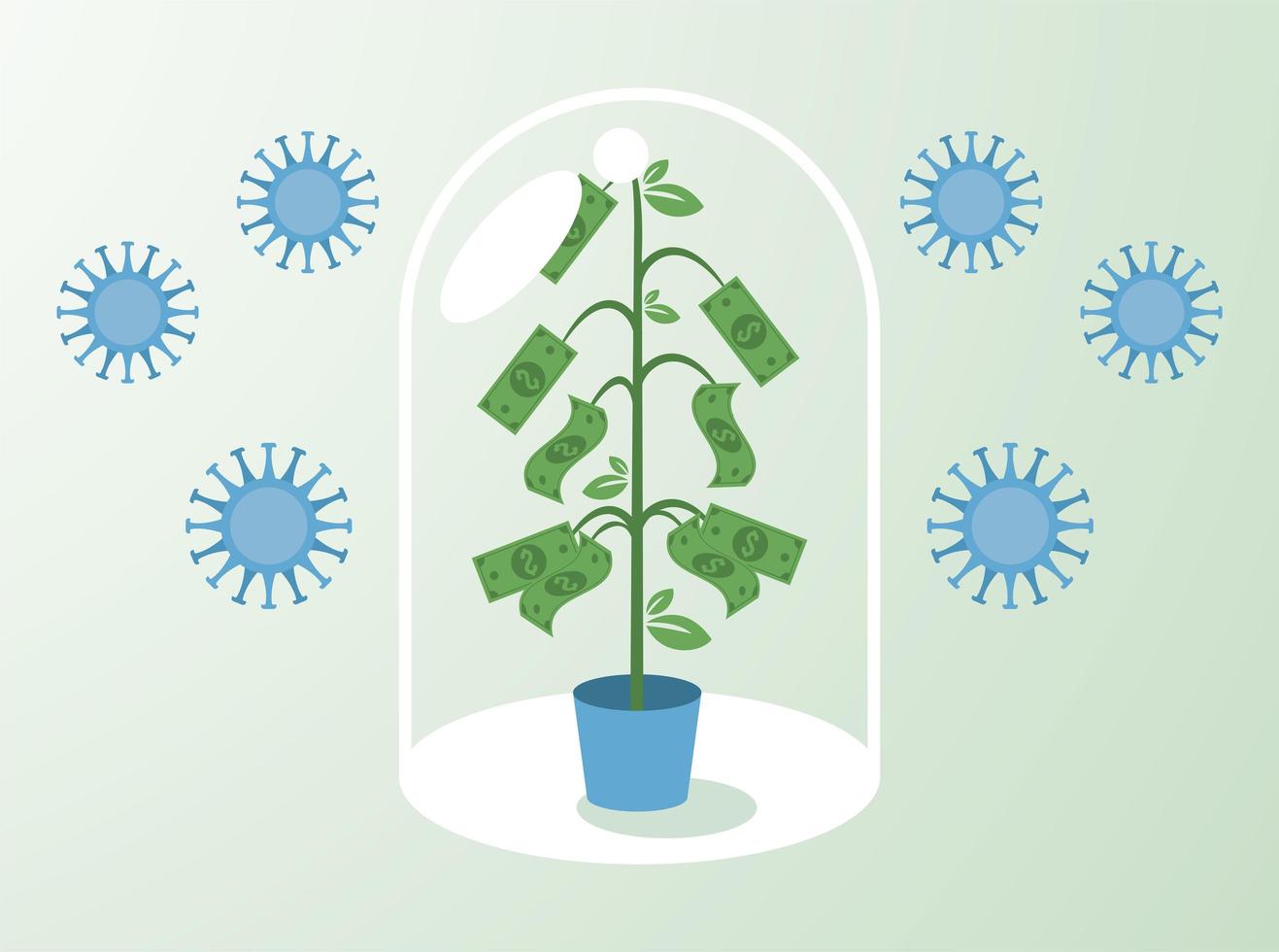 economic recovery for covid19 poster with bills plant in dome shield and virus particles vector