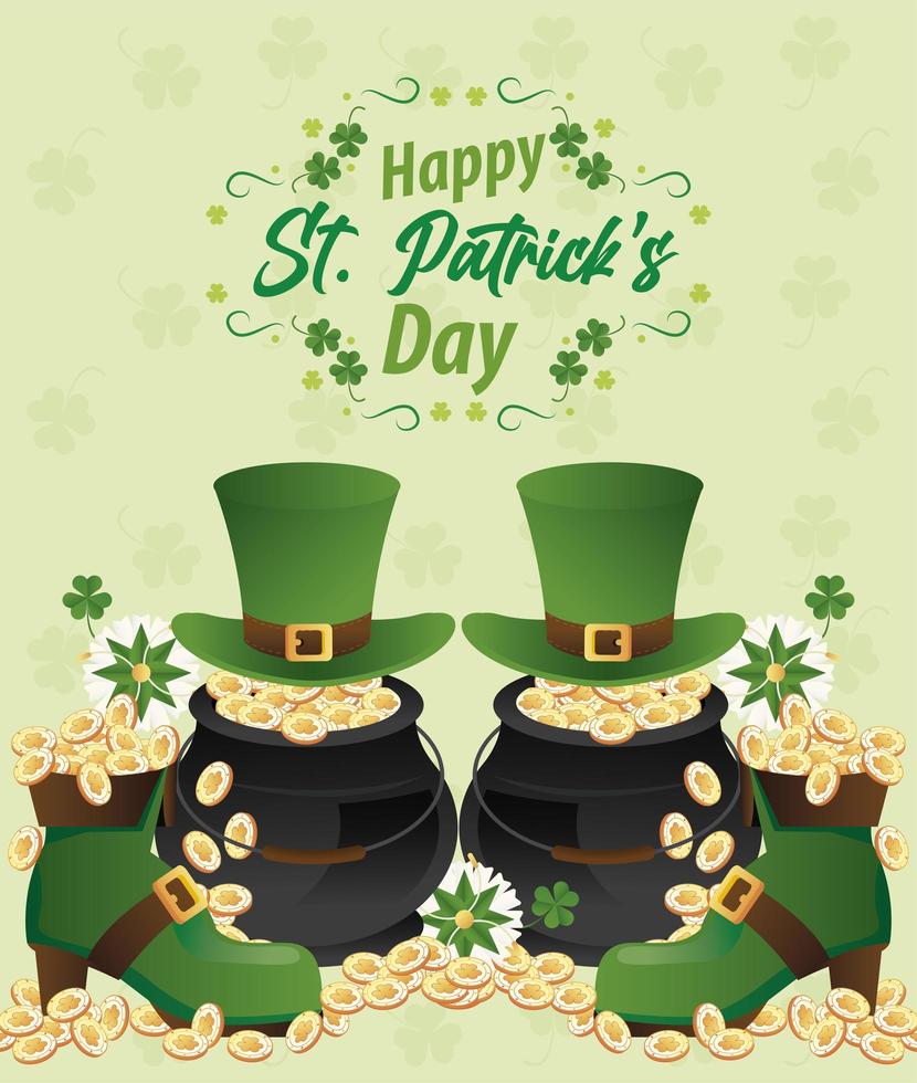 happy saint patricks day lettering with treasure coins in cauldron and boots vector