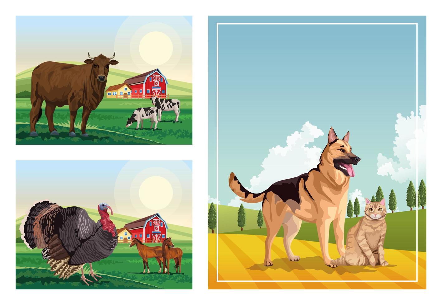 perro y gato con animales de granja en las escenas del campamento. vector