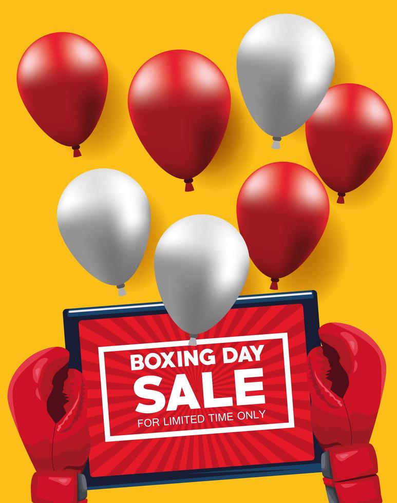 boxing day sale poster with tablet and balloons helium vector