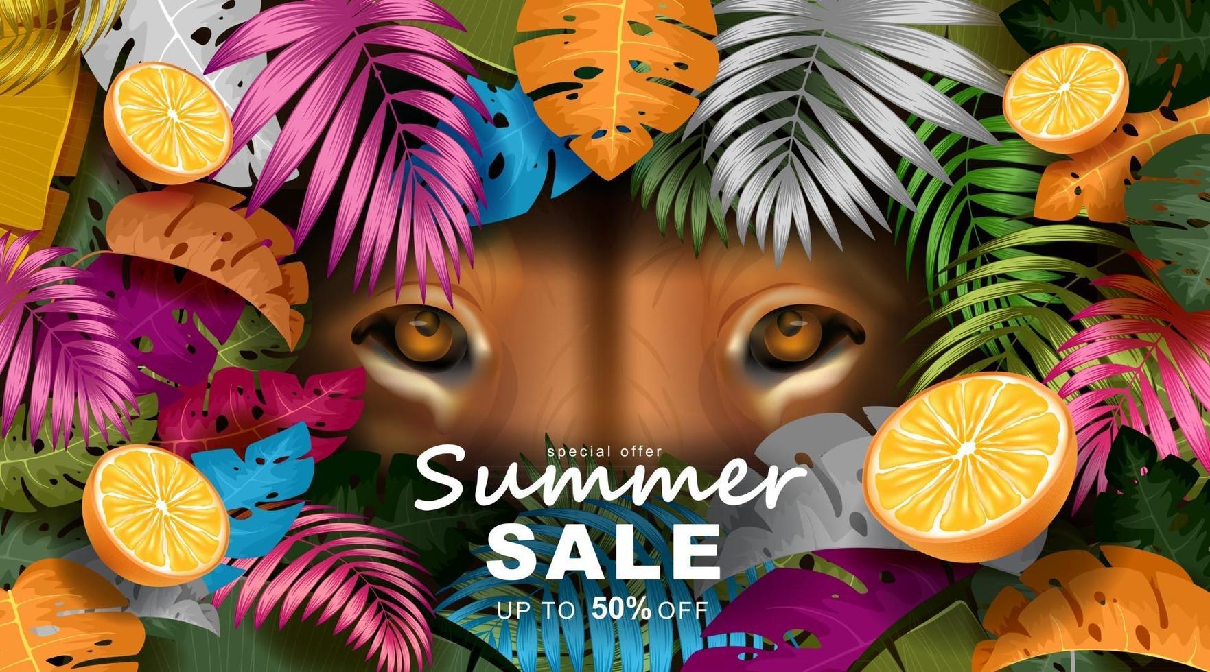 Summer banner template with Tropical leaves and lion eyes vector