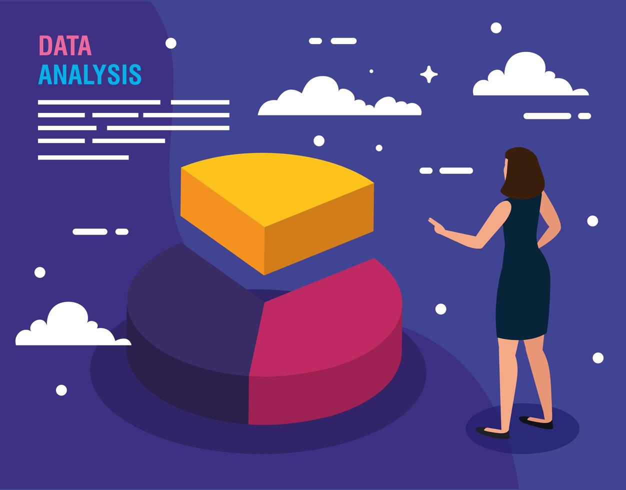 Data analysis cake chart and woman vector design