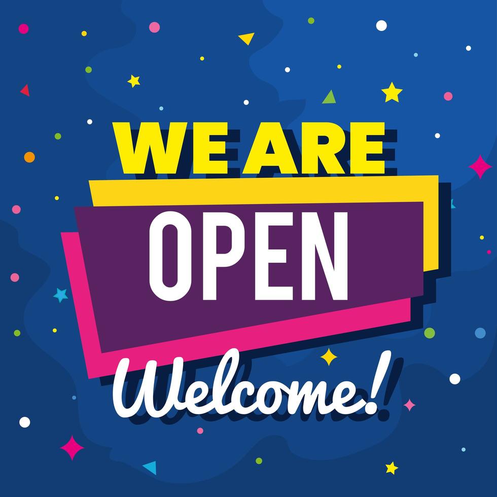 banner lettering we are open welcome on blue background vector