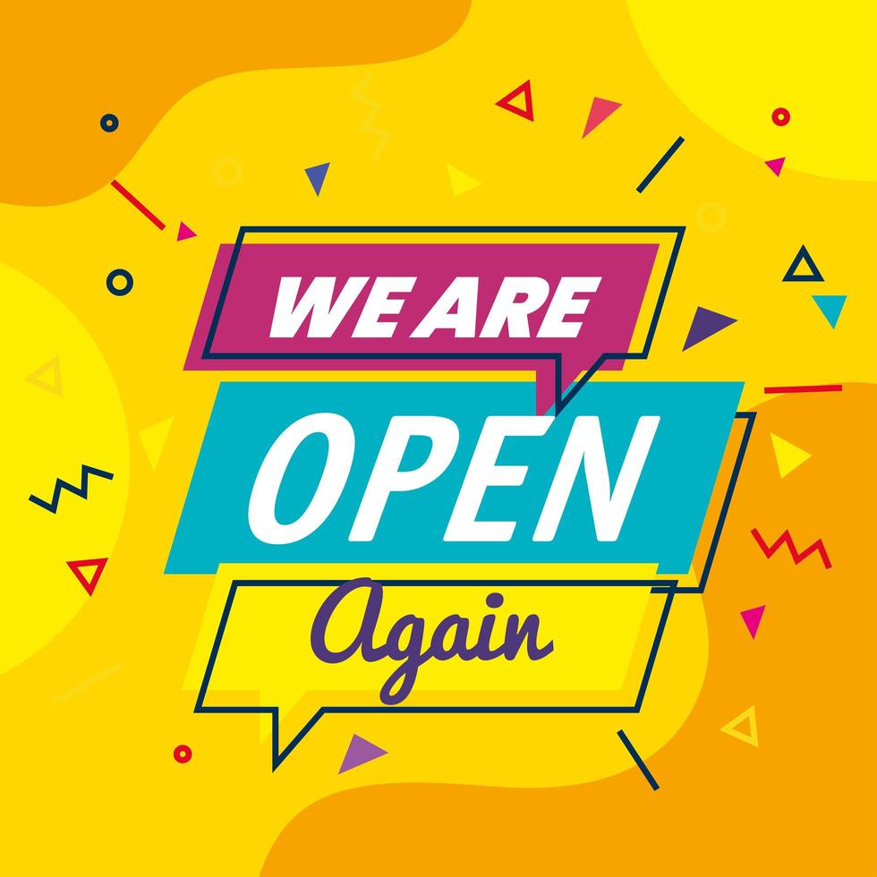 banner lettering we are open again on yellow background vector