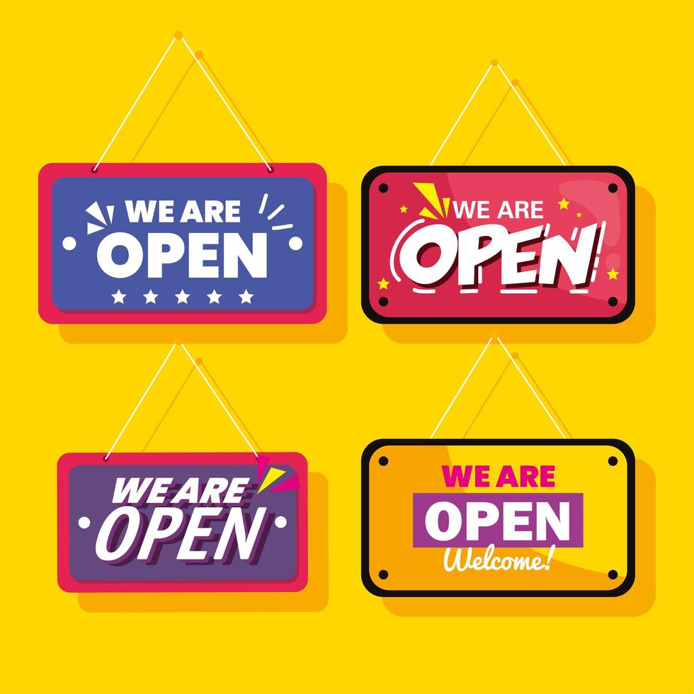 we are open labels hanging on yellow background vector