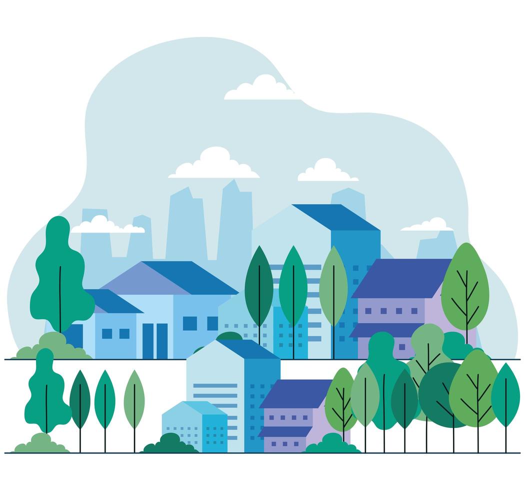 city houses with trees and clouds vector design