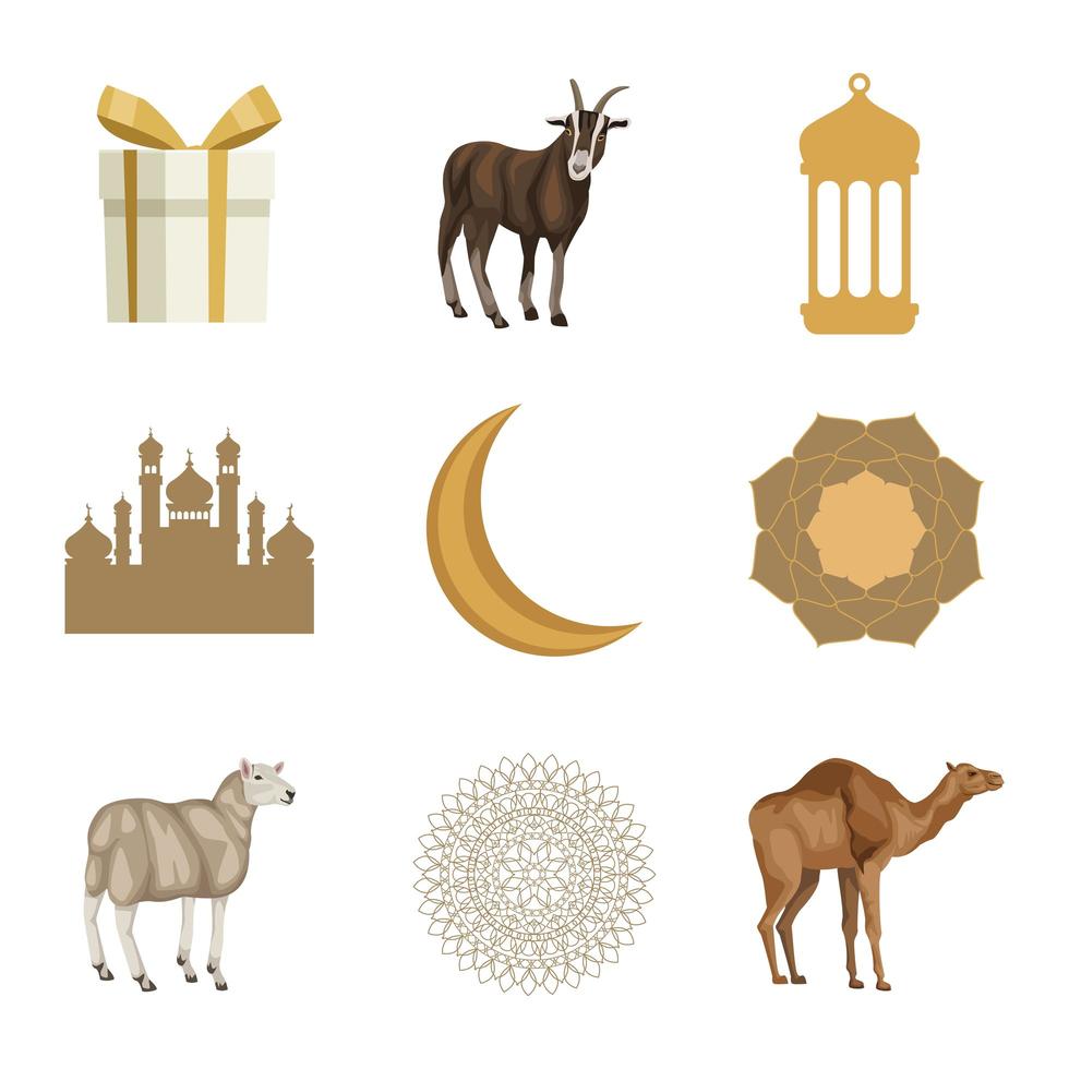 nueve iconos de eid mubarak vector