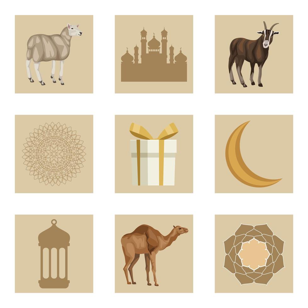 eid mubarak nine icons vector