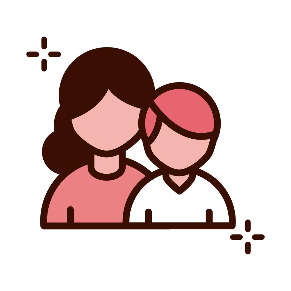 mothers day woman and son portrait cartoon line and fill style icon vector