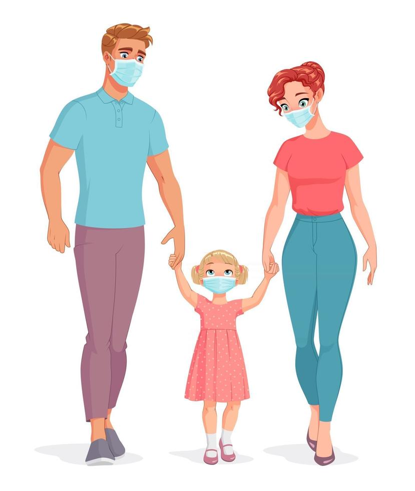 Family in masks holding hands vector illustration