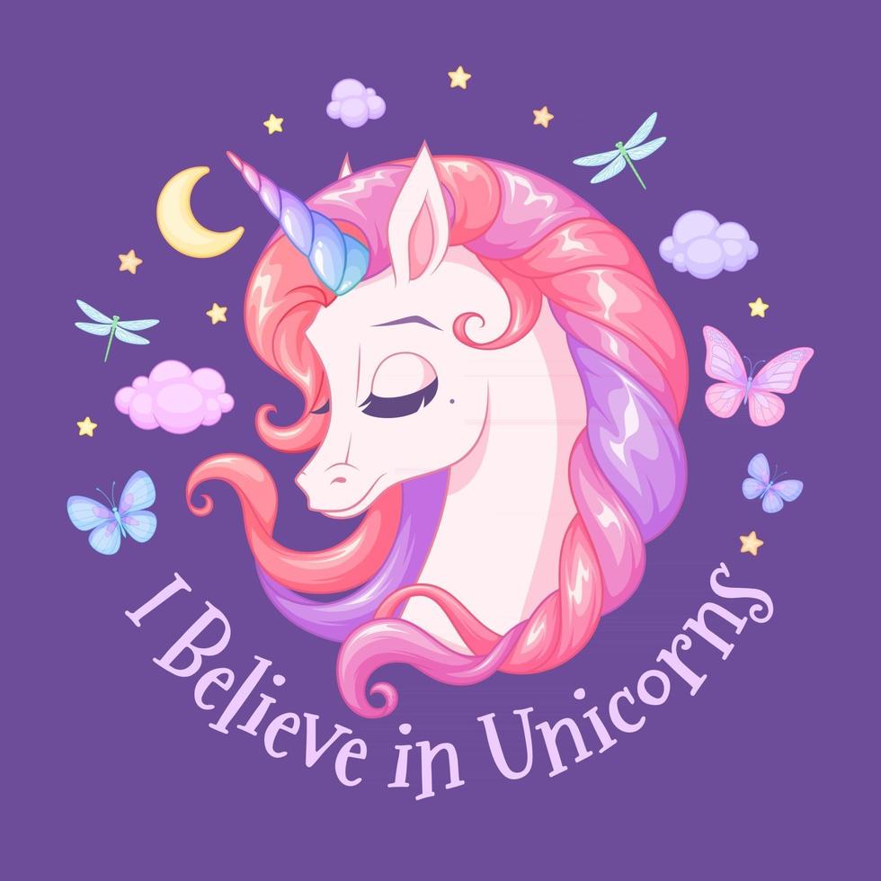 Cute sleeping unicorn with night sky vector illustration