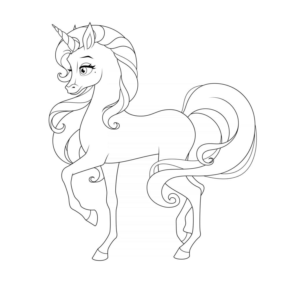 Beautiful unicorn with long mane and tail vector illustration page for coloring book