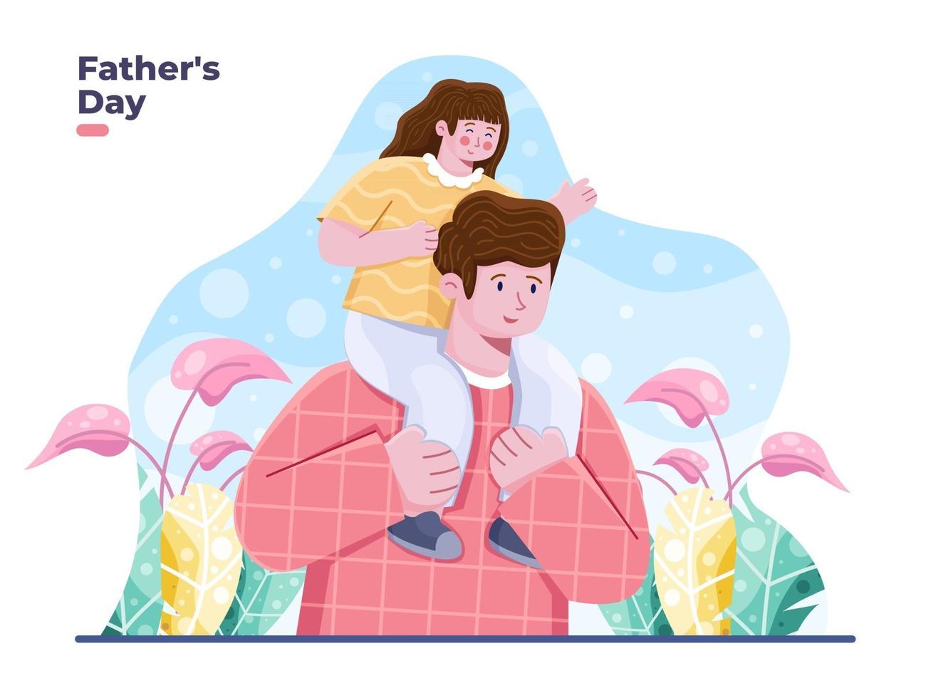 feliz día del padre lindo ilustración vectorial. niño alegre se sienta sobre los hombros de su padre. diseño de tarjeta de felicitación del día del padre feliz vector