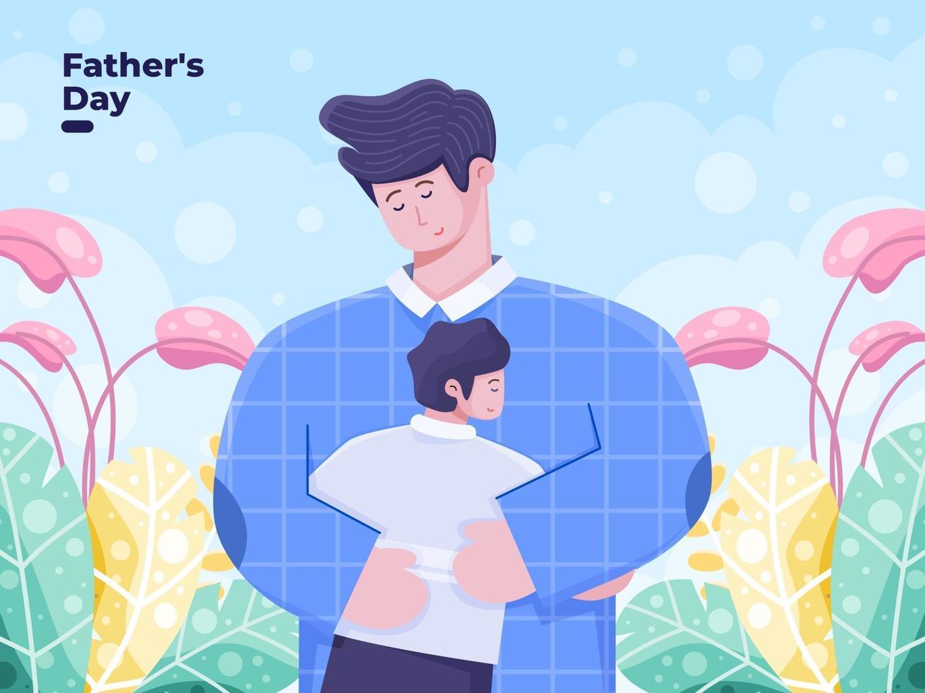 Fathers Day flat illustration with father hugging soon. Father loving his child Happy Fathers day Suitable for greeting card invitation poscard etc vector