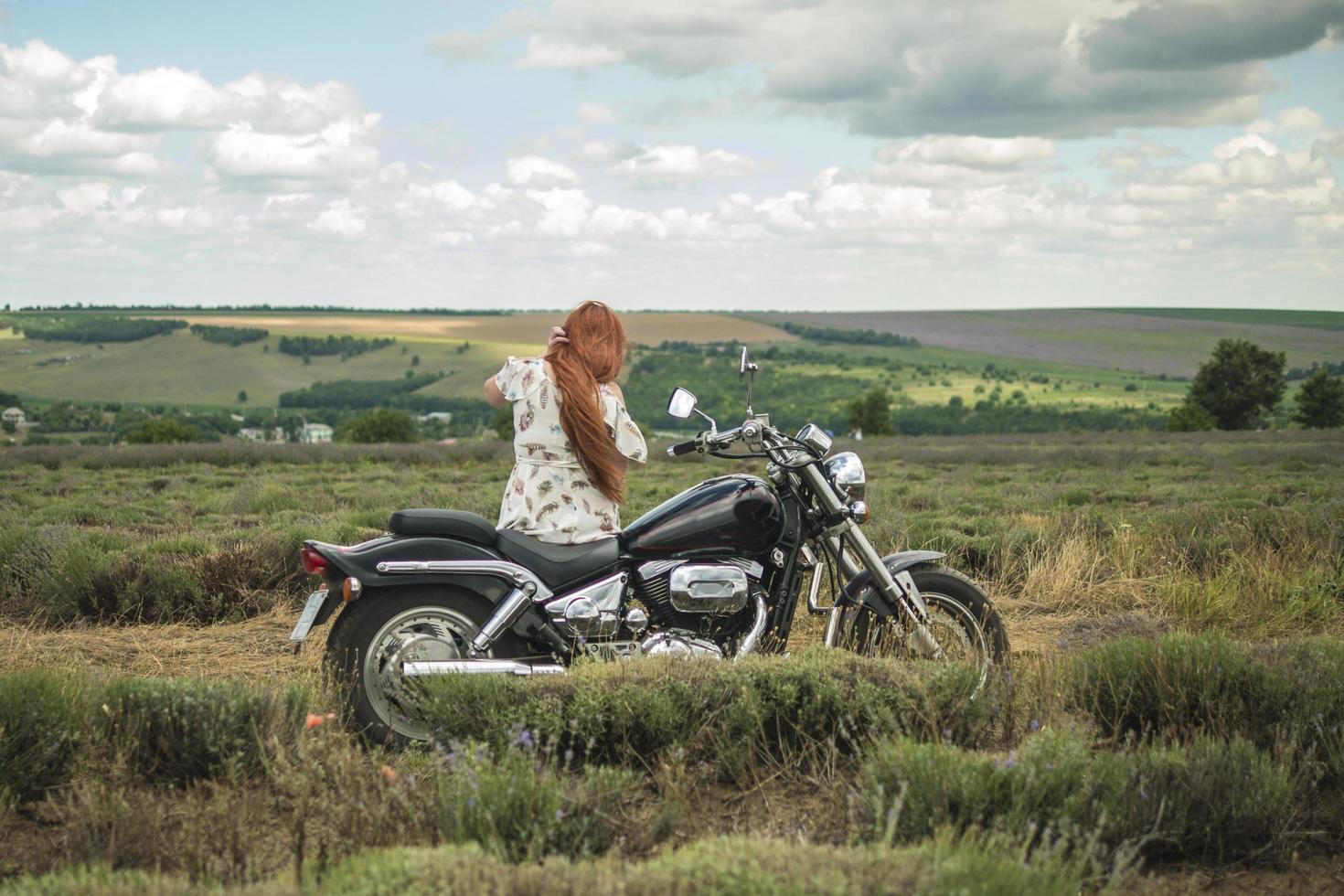 red haired girl in a white dress and boots along with a motorcycle lavender field photo