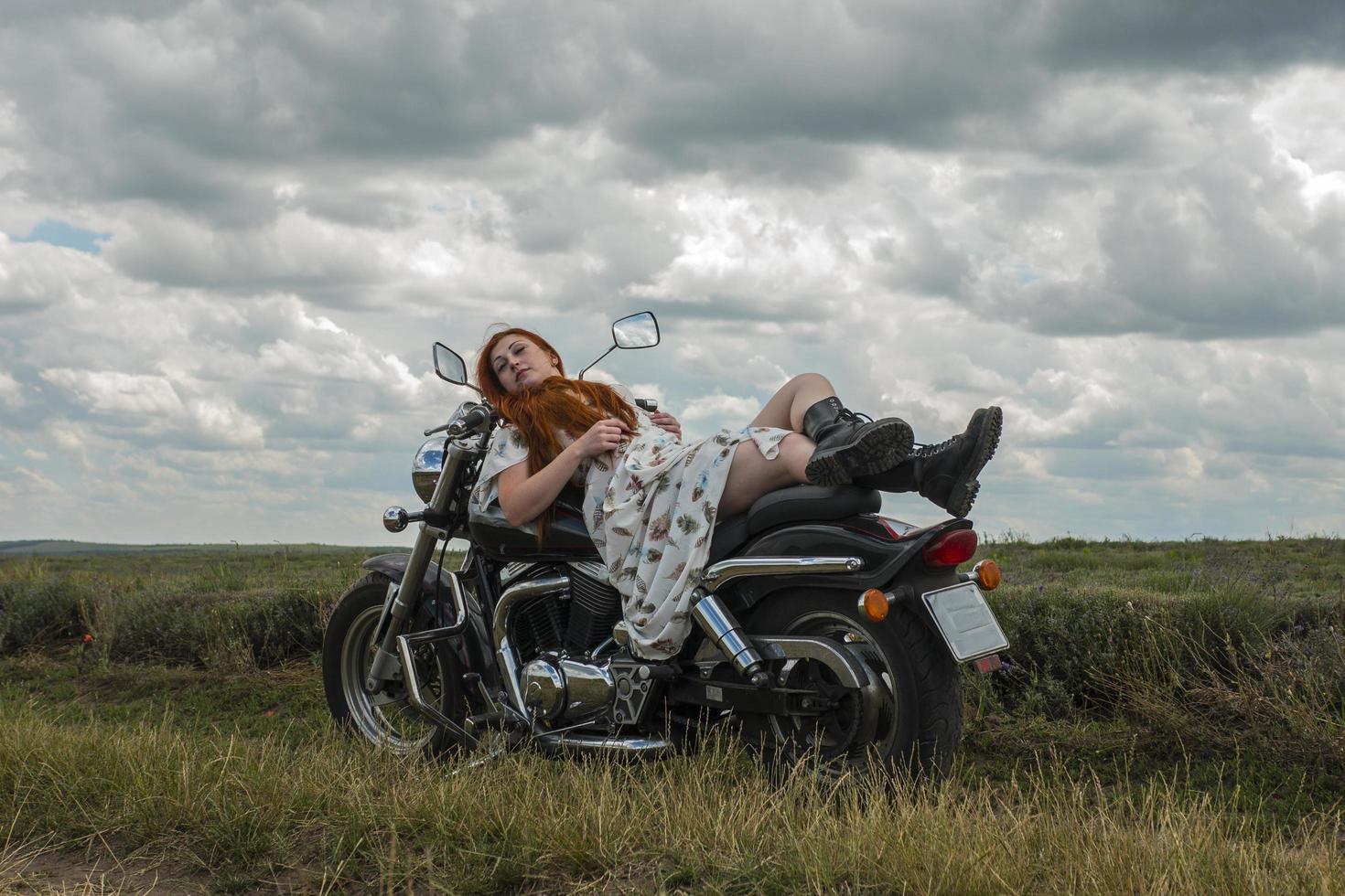 red haired girl in a white dress and boots along with a motorcycle lavender field photo