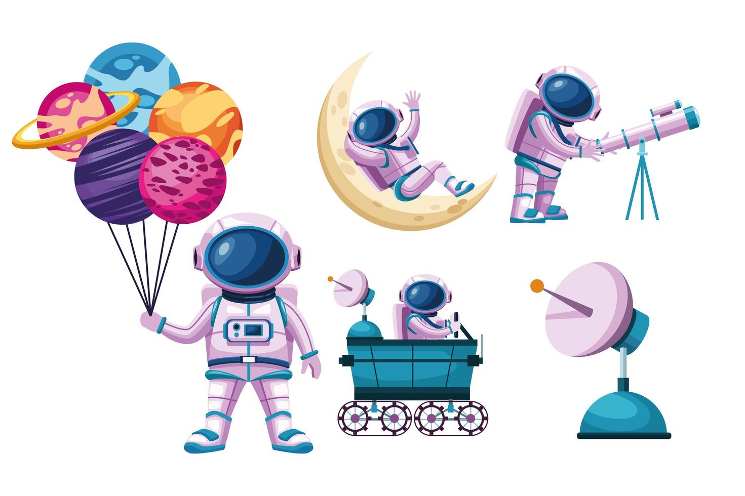 astronautas, espacio, iconos vector