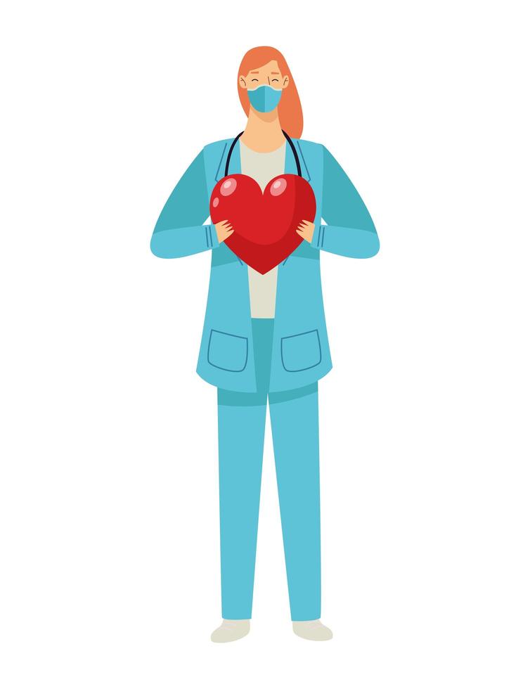 female doctor wearing medical mask and heart vector