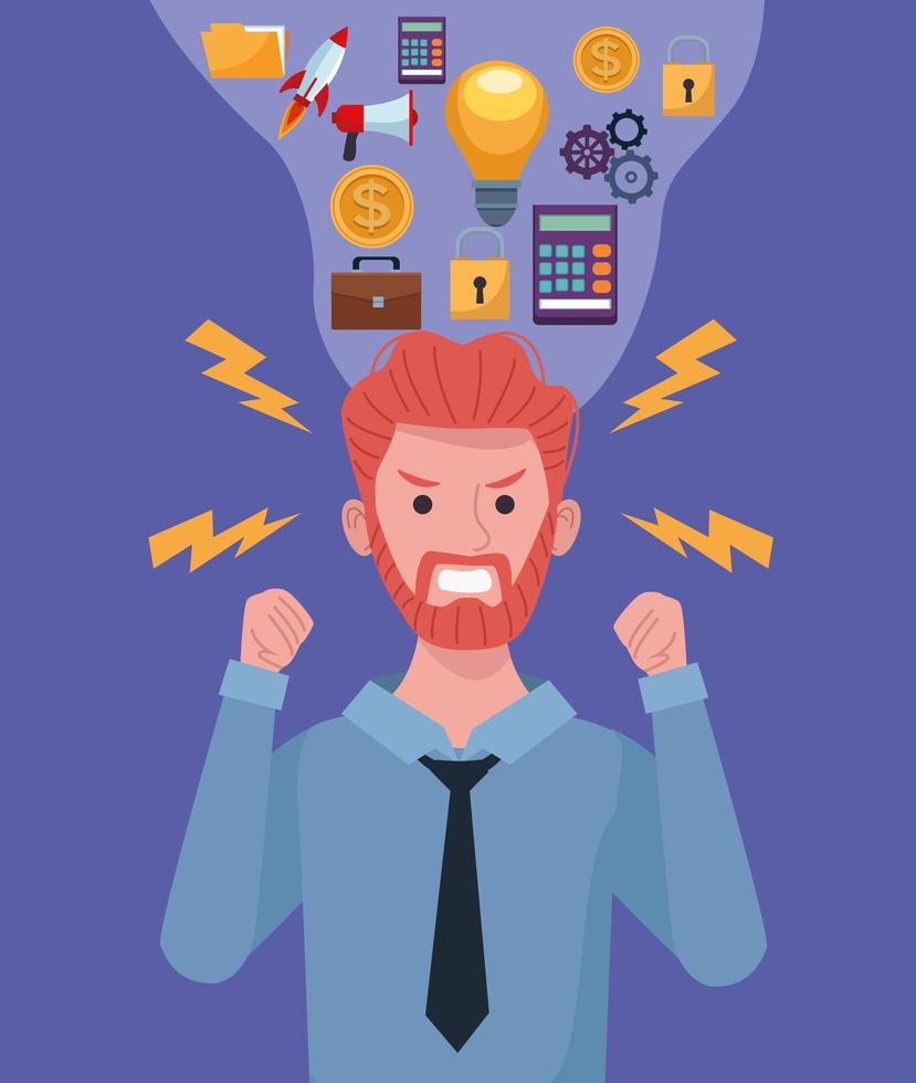 businessman extressed for information overload thinking set icons vector