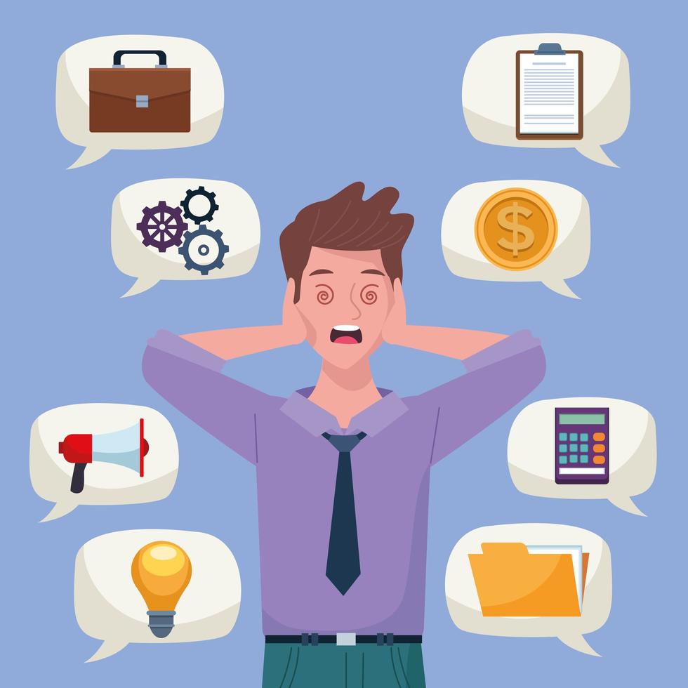 businessman extressed for information overload with icons in speech bubbles vector