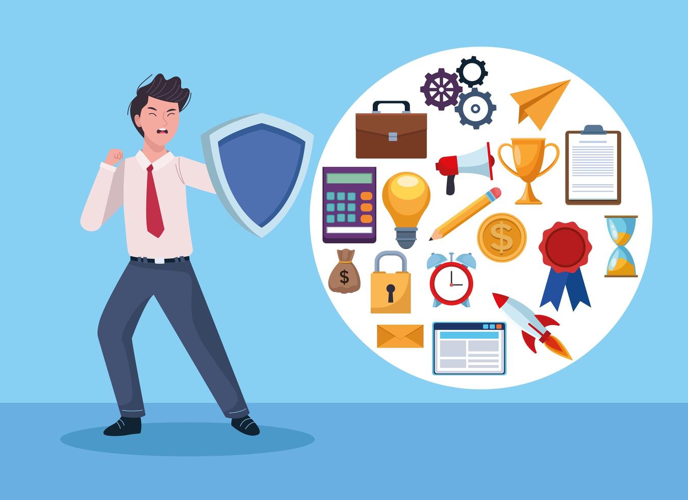 businessman extressed with shield and information overload icons vector