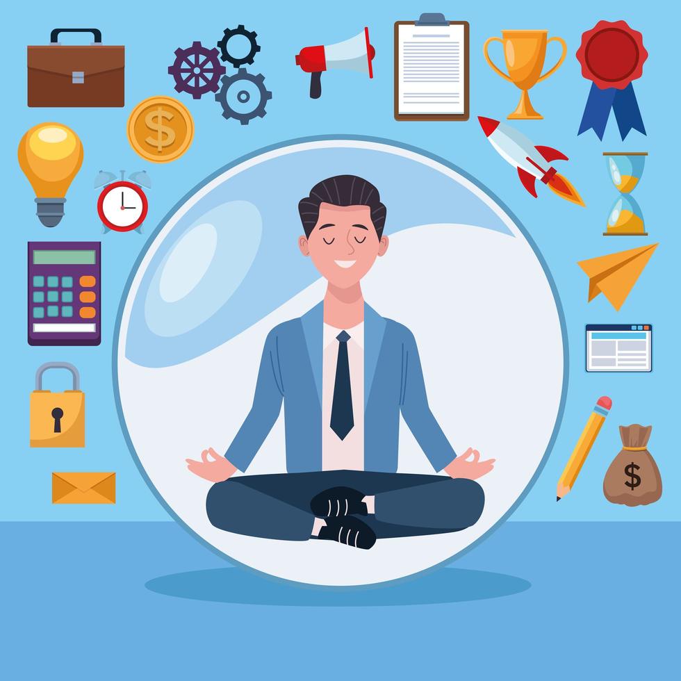 businessman practicing lotus position with business set icons vector