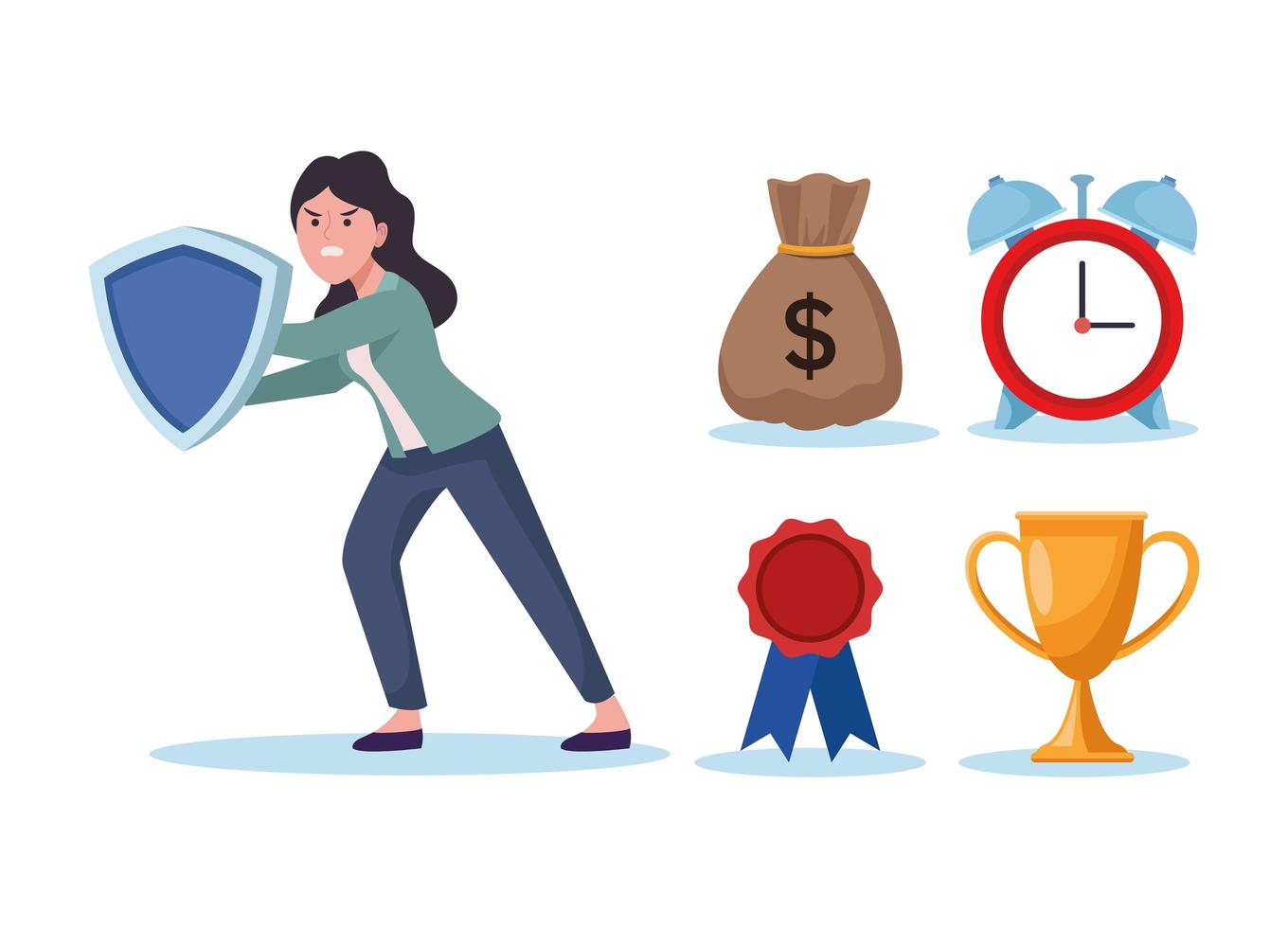 businesswoman extressed with shield and information overload icons vector