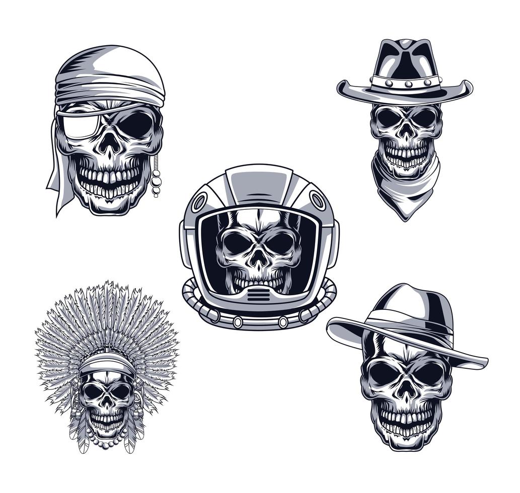 five skulls heads vector