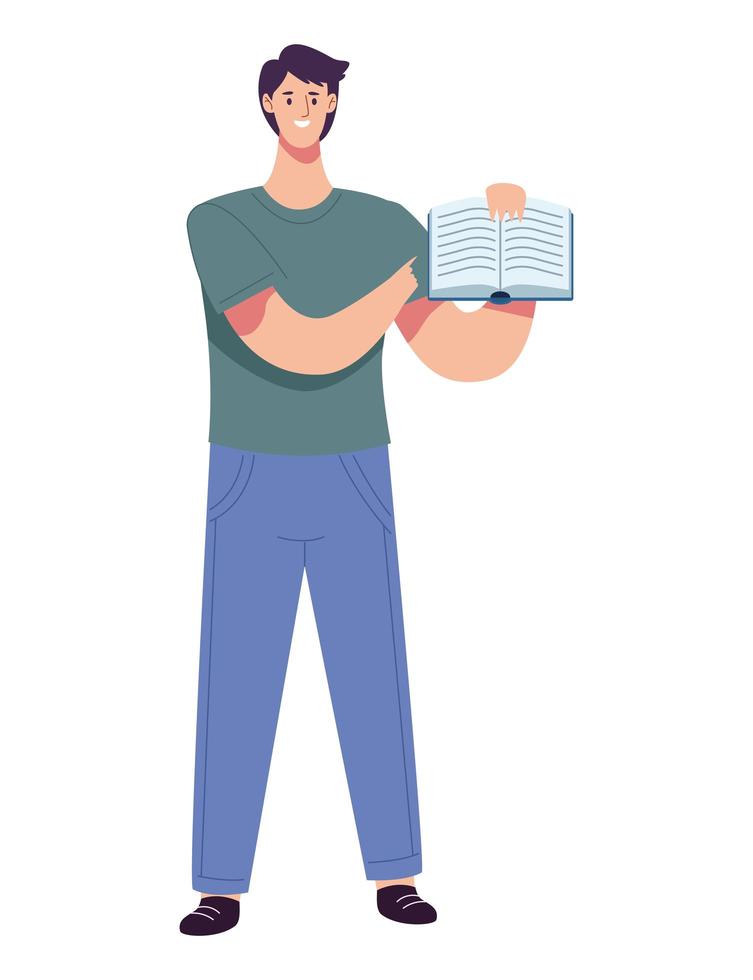 reader man lifting book character vector