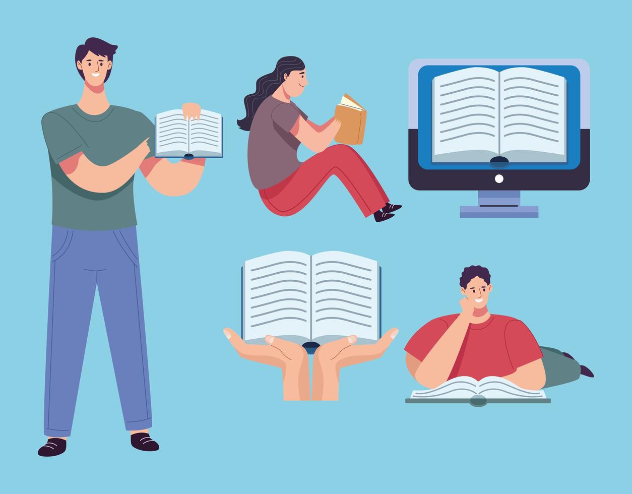 group of readers people with books and ebook characters vector
