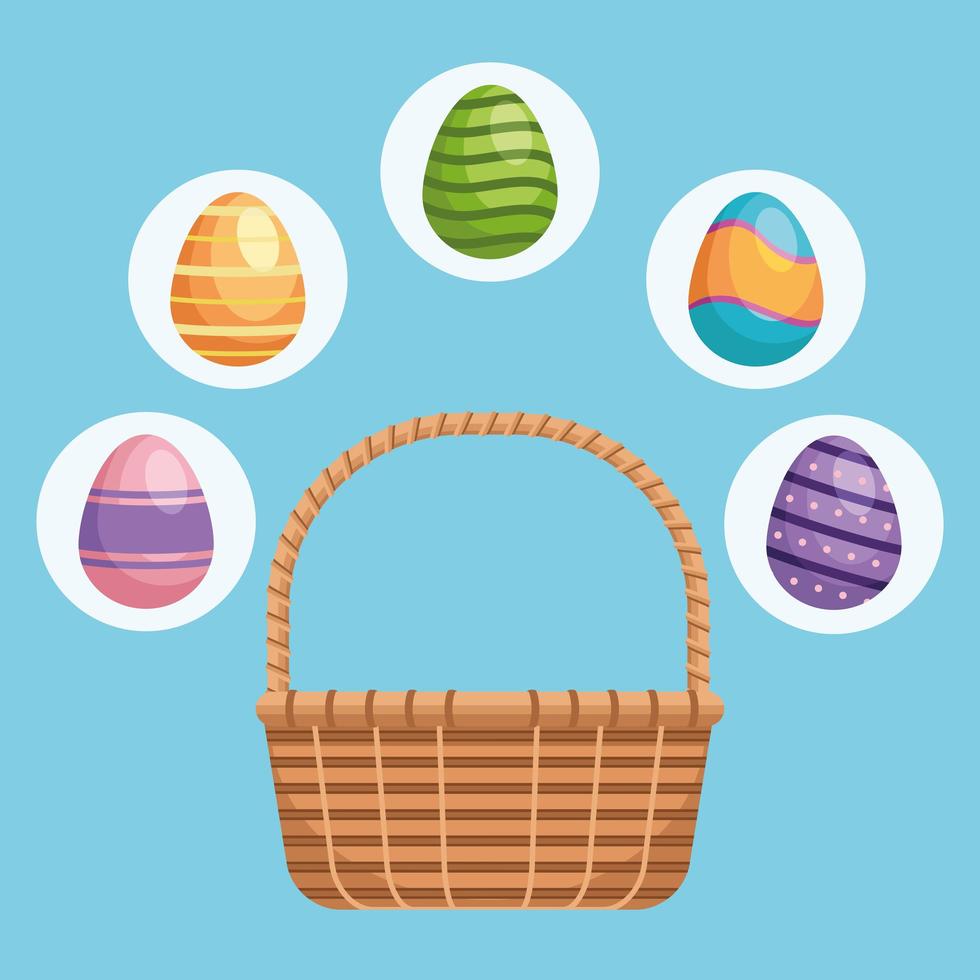basket and bundle of happy easter eggs painted vector