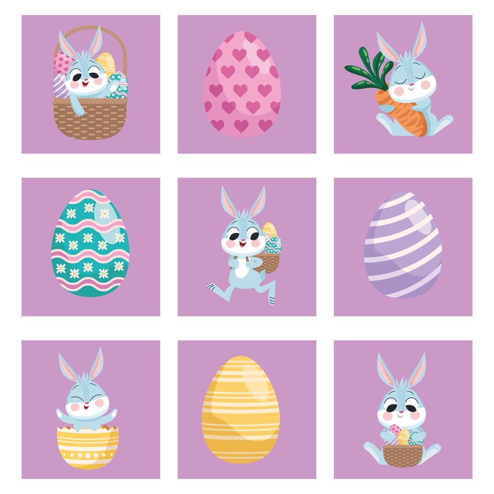 bundle of nine happy easter set icons vector