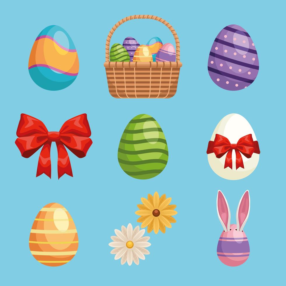 bundle of nine happy easter set icons vector