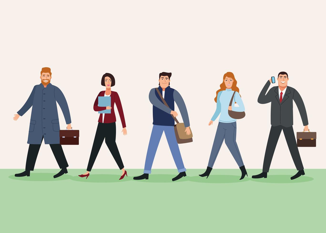 group of five business persons walking back to office characters vector