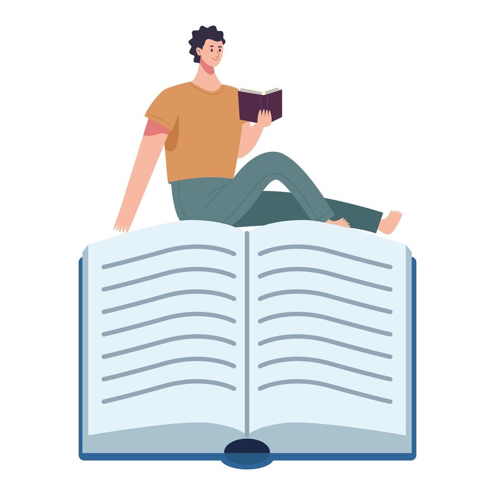 reader man reading book seated in book character vector