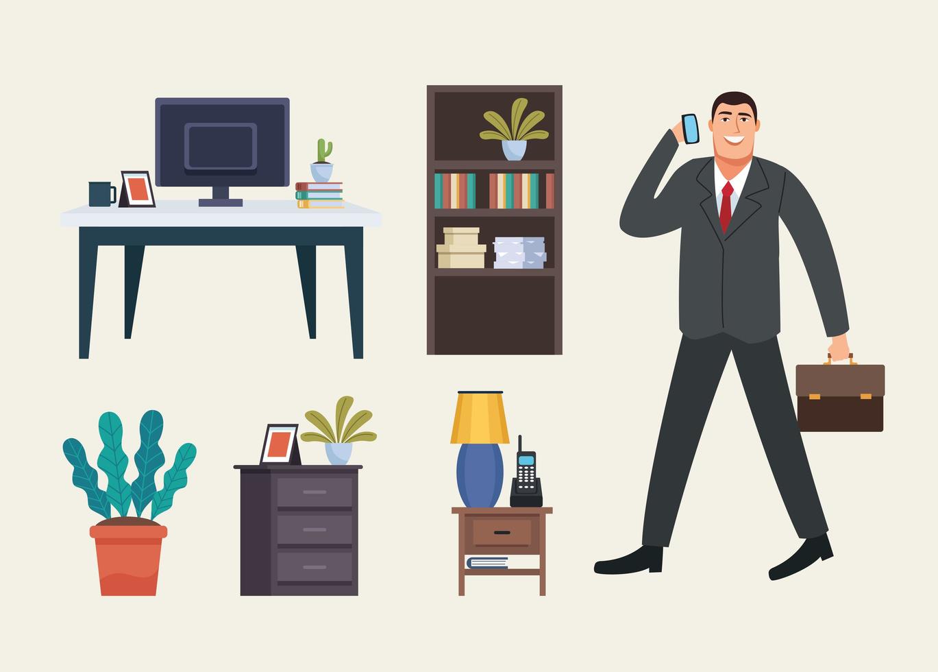 businessman with portfolio and forniture icons vector