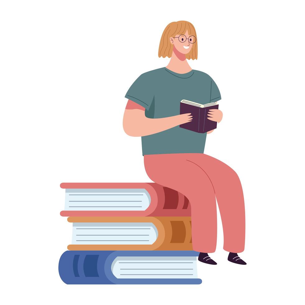 Lector mujer leyendo un libro sentado en libros vector