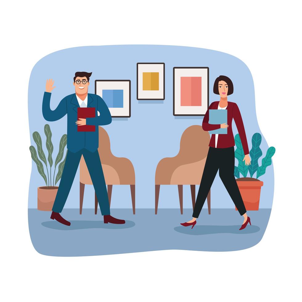 business couple with folders walking back to office characters vector