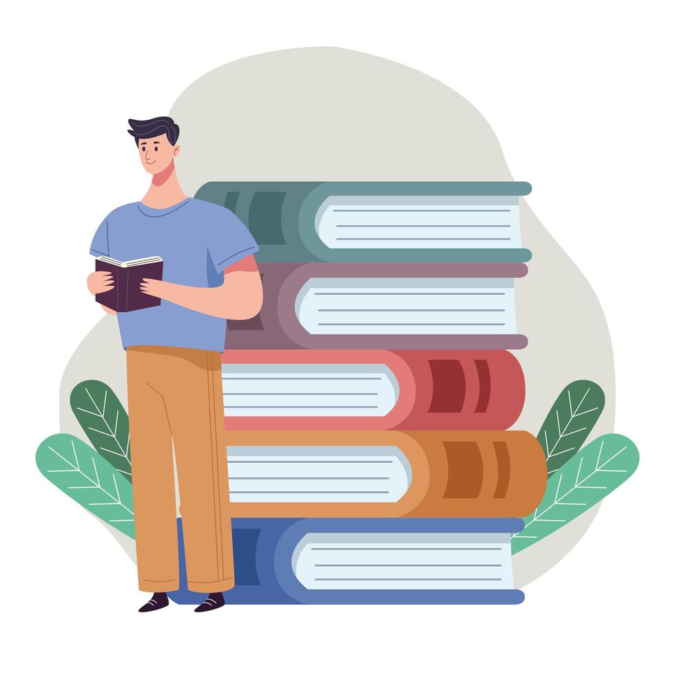 reader man reading book standing with pile books and leafs vector