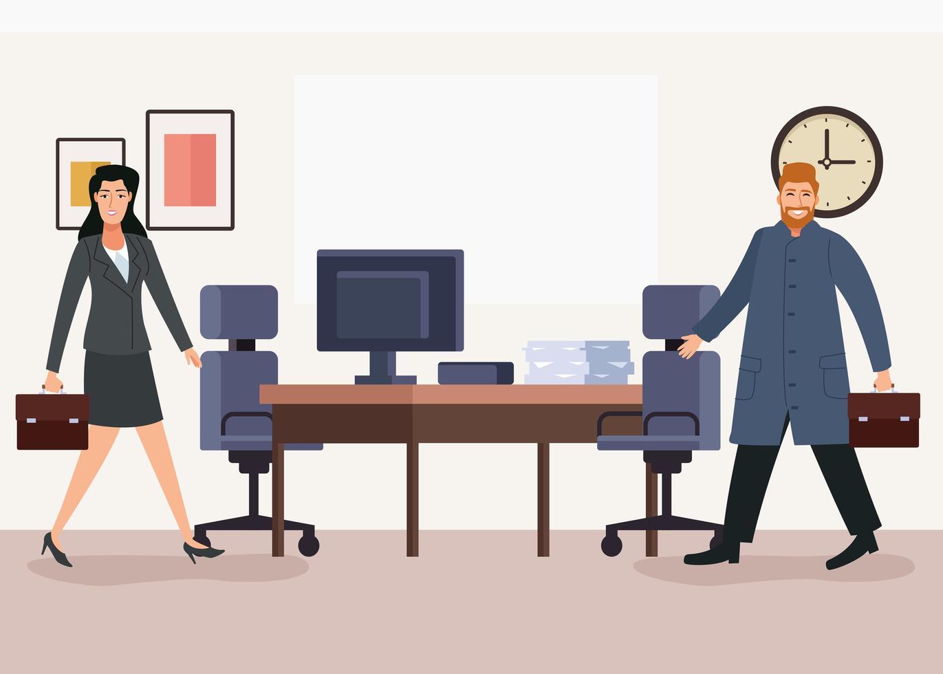 business couple with portfolios walking back to office characters vector