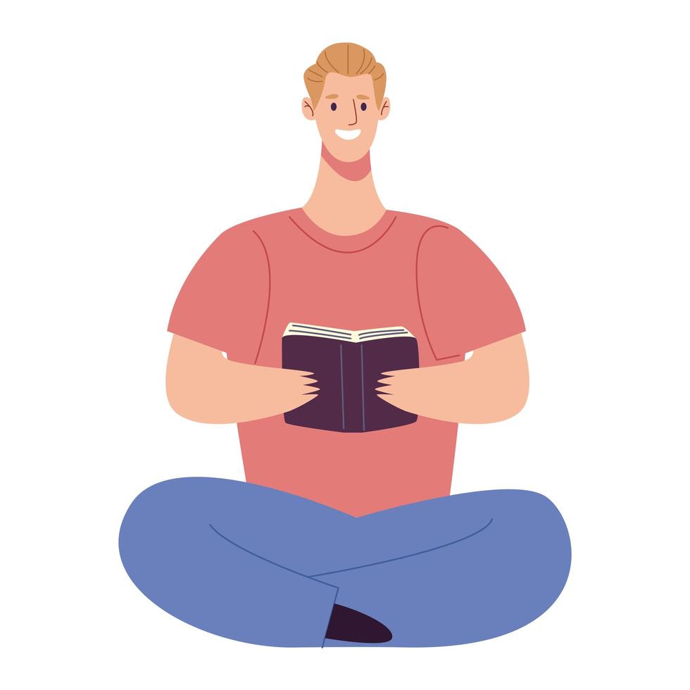 blond reader man reading book seated in lotus position character vector