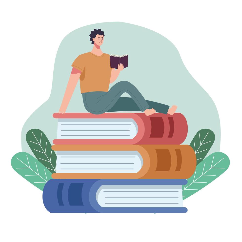 reader man reading book seated in books with leafs vector