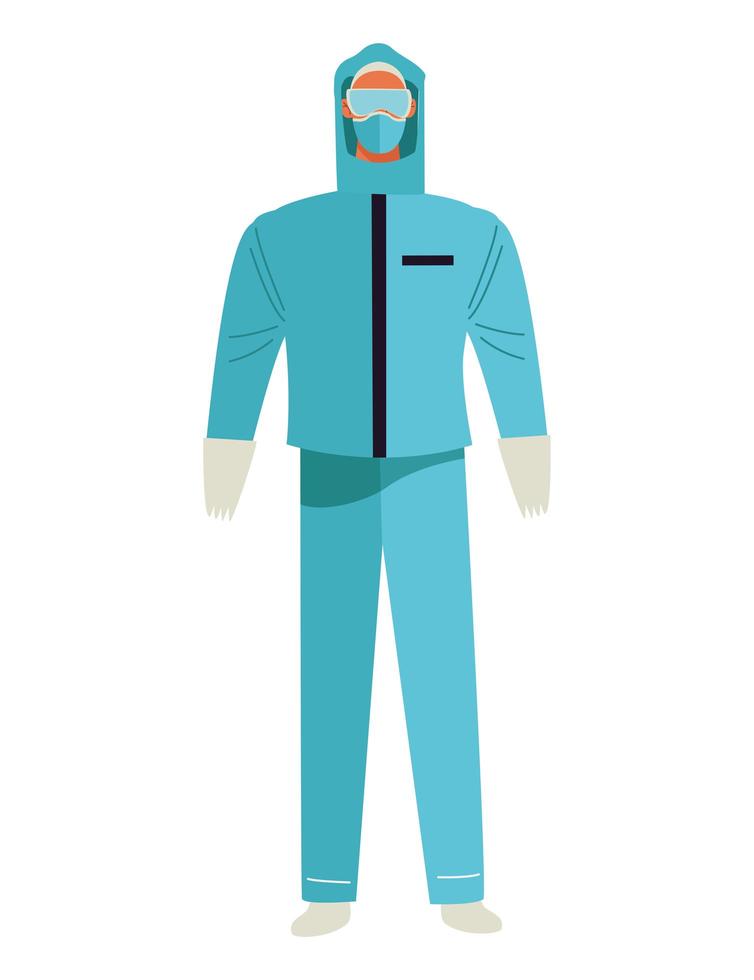 medical worker wearing blue biosafety suit vector