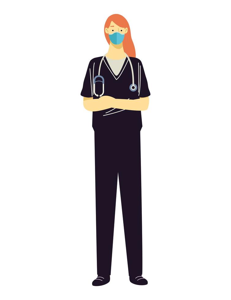 female doctor wearing medical mask and black suit with stethoscope vector